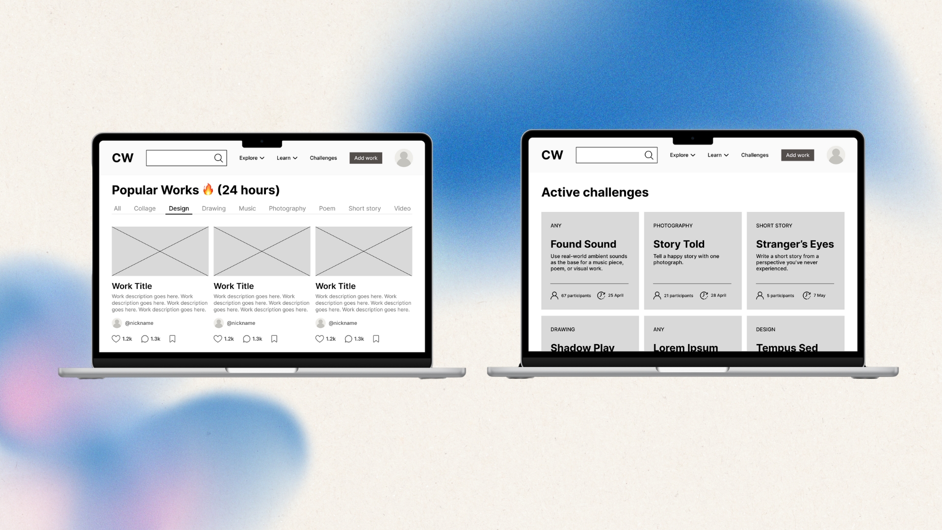 Two laptop screens show a website. One displays Popular Works, the other Creative challenges with various prompts.